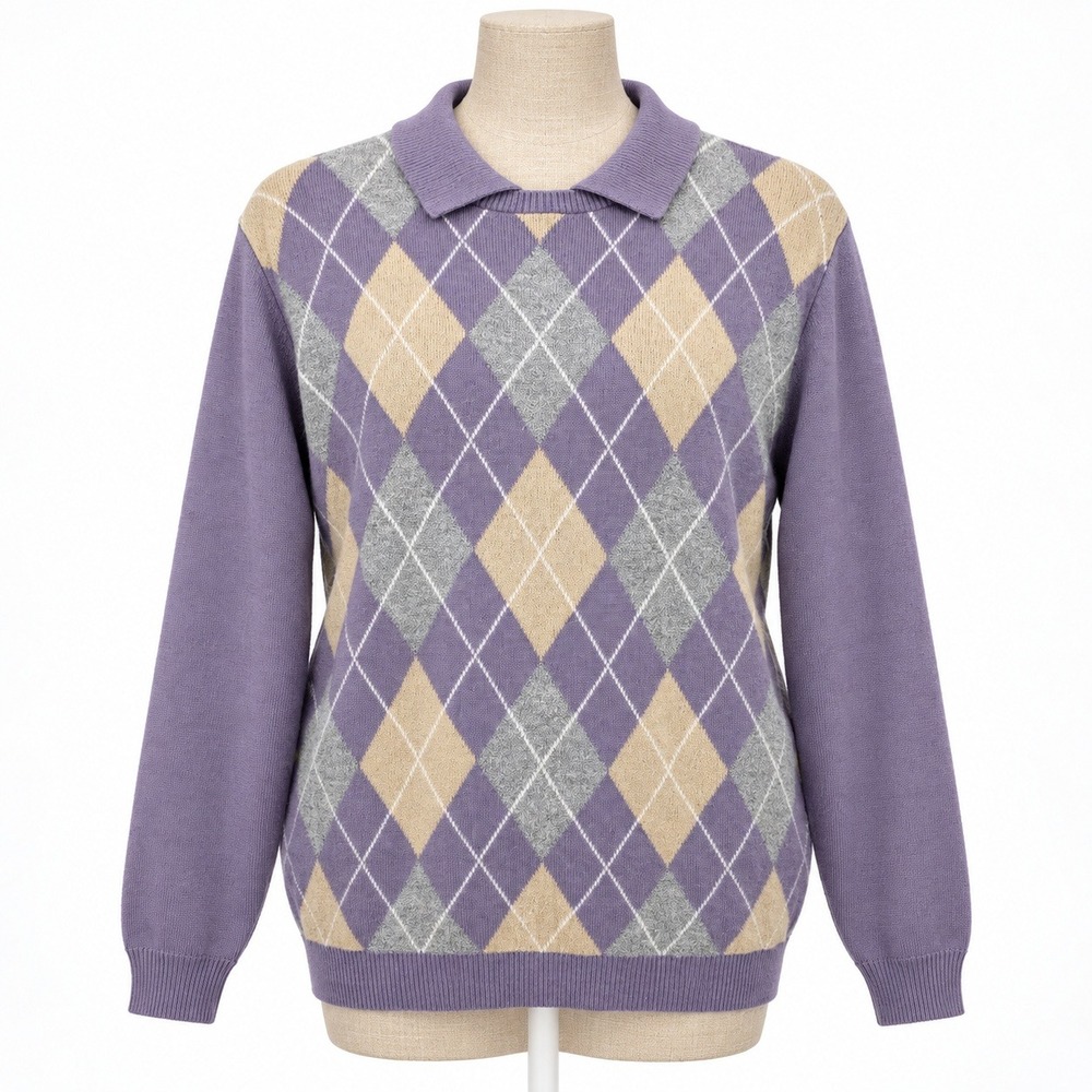 Vintage 90s Argyle Collared Sweater Size L Purple Dark Academia Preppy Ivy Retro